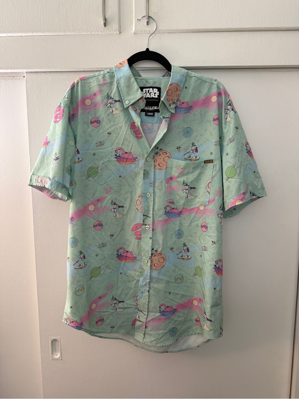 RSVLTS Star Wars Boba Fett Pastel Galaxy Button Down Shirt | Large | Mint Green